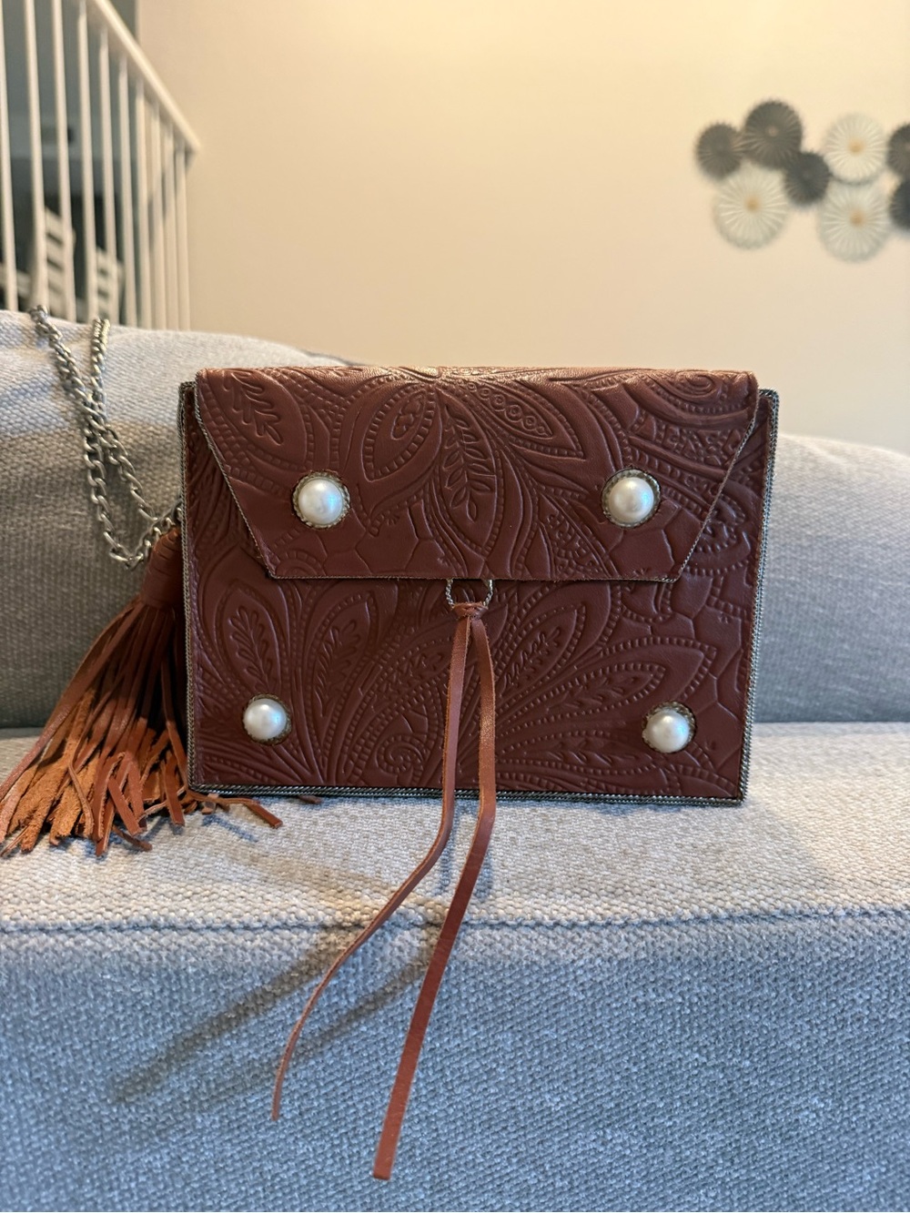 Sam Edelman Brown Embossed Leather Crossbody with Pearl Studs